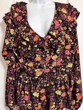SCOOP PLUS SUZE XXL 20 Floral Ruffle V-Neck LONG SLEEVE PEPLUM BLOUSE NEW TAGS